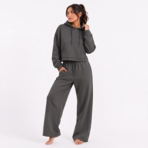 Ensemble molletonné gris à capuche pour femme, coupe décontractée, 2 pièces, sweat-shirt à manches longues et pantalon de jogging, couleur unie, pour l'hiver, usage quotidien, 100% coton - Product Image 1