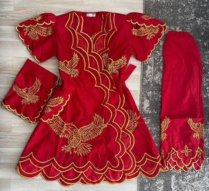 Ensemble robe longue brodée rouge à manches chauve-souris et pantalon imprimé pour femme, coupe trapèze, tenue décontractée d'été pour les voyages - Product Image 1