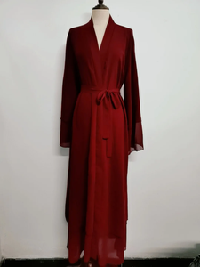 Abaya élégante à double couche de couleur unie avec ceinture, robe ouverte en mousseline, style décontracté d'été, collection - Product Image 2