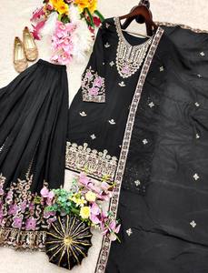 Traje Salwar de Seda Bordado Negro con Dupatta, Vestido de Boda Tradicional Indio Pakistaní para Mujer, Largo hasta el Suelo - Product Image 3
