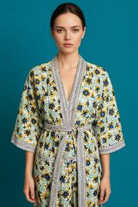 Robe Kimono en Coton à Motifs Floraux pour Femme avec Ceinture Rayée, Peignoir Léger, Tenue de Spa, Vêtement de Plage, Cadeau - Product Image 3