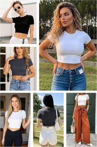 ANYOCEAN Blusa Casual de Mujer, Top Corto de Manga Corta con Cuello Redondo, Tejido de Punto, Color Sólido, Transpirable, 100% Algodón, Primavera Verano - Product Image 5