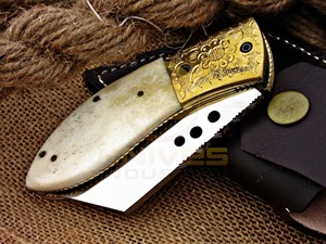 Cuchillo Plegable Hecho a Mano con Mango de Hueso, Cuchillo de Bolsillo Afilado con Funda de Cuero - Product Image 5