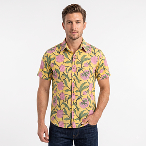 Floral Flock Print Eco-Friendly Knitted Poplin Men's Casual Summer <b>Shirt</b> <b>Short</b> <b>Sleeve</b> Turn-down Collar 100% Cotton - Product Image 1
