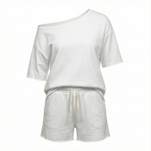 Women's <b>2</b> <b>Piece</b> Knitted Cotton Shorts <b>Set</b> Asymmetrical Neck Short Sleeve Loose Fit Solid <b>White</b> Casual Spring Summer Wear - Product Image 1