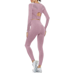 Ensemble de yoga 2 pièces pour femme : Legging taille haute long et haut court à manches longues, respirant avec découpes en maille, rose - Product Image 2