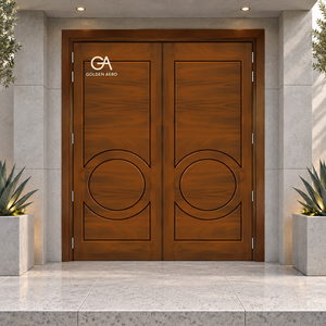 Porte d'entrée double à feuilles battantes en bois massif moderne GA-41L, design à rainures circulaires pour villa, qualité supérieure, directement de l'usine - Product Image 1