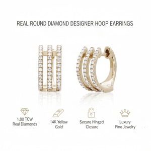 Boucles d'oreilles créoles de créateur à trois rangs de diamants ronds véritables de 1,00 TCW en or jaune 14 carats |   Bijoux fins de luxe pour femmes - Product Image 5