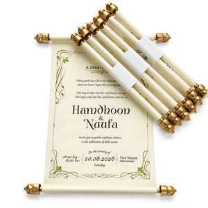 Tarjeta de invitación de boda tipo scroll con extremos dorados, invitación impresa personalizada de estilo real para eventos de lujo - Product Image 1