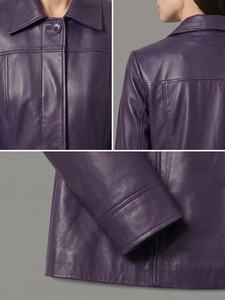 Veste en cuir d'agneau véritable pour femme, style trucker, boutonnée, col chemise, marron violet, vintage - Product Image 2