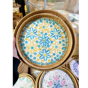 Exquisite Handmade Rattan Serving Tray with Iridescent Mother of Pearl Floral Inlay Refined Natural Woven <b>Frame</b> Sophisticated - Product Image 1