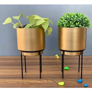 Fancy Style Golden Metal Round Flower <b>Pot</b> With Iron Black <b>Stand</b> Outdoor Floor Planters for Home and Garden Suppliers - Product Image 1