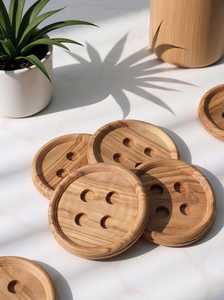 <b>Round</b> Button Shape Wooden Coasters Heat Resistant Modern Table <b>Mats</b> for Home Dining Reusable Drink Pads Dark Brown Wood Finish - Product Image 4