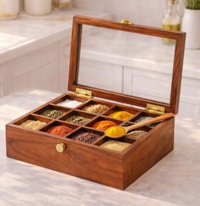 Wooden Eco-Friendly Spice <b>Box</b> with Printed Ethnic Design and Cover for Kitchen Storage by blossom craft india - Product Image 1