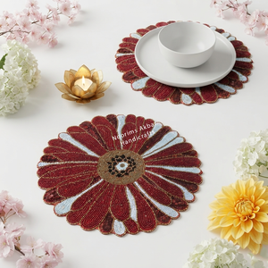 Handmade Floral Glass Beaded Placemat Red <b>White</b> Decorative Dining <b>Table</b> Mat OEM Wholesale Manufacturer Supplier - Product Image 1