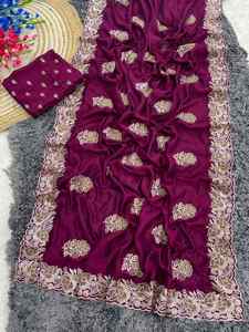 Sari de mariage en modal, viscose, soie et rayonne, brodé avec de riches travaux de pierres, pour femmes indiennes, luxe ethnique, lavable en machine 76425 - Product Image 1