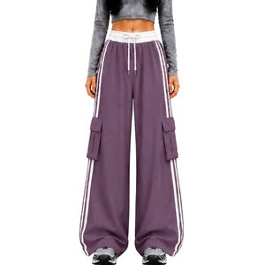 Pantalones Cargo Anchos de Mujer Color Morado Polvoriento Personalizados, de Cintura Alta con Cordón, Rayas Laterales, Ajuste Relajado, Estilo Urbano - Product Image 1