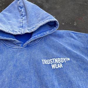 TRUSTNBDY ™   เสื้อฮู้ดโอเวอร์ไซส์ผู้ชาย สีน้ำเงิน ผ้าฝ้ายเฟรนช์เทอร์รี่ ย้อมสีแบบ Garment Dyed สไตล์ลำลองสำหรับฤดูใบไม้ร่วง ดีไซน์มีกระเป๋า - Product Image 4