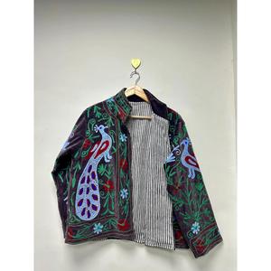 Chaqueta de terciopelo marrón de lujo con bordado de pavo real azul cielo, estilo bohemio, para mujer, manga larga, ropa de abrigo de verano. - Product Image 2