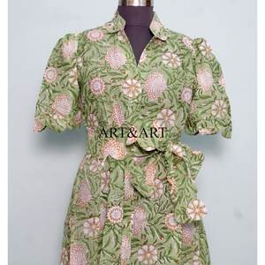 Fashionable Vintage Sweet Summer <b>Dress</b> 100% Cotton Floral Printed Short Sleeves V-Neck <b>Women</b> Casual Formal Occasion A-Line Midi - Product Image 4