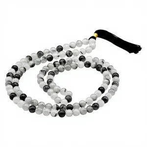 Collier Mala 108 Perles en Quartz Rutile Noir Naturel, Perles de Prière Rondes de 8mm en Pierre Gemme, Méditation Yoga, Pompon, Certifié, Vente en Gros - Product Image 5