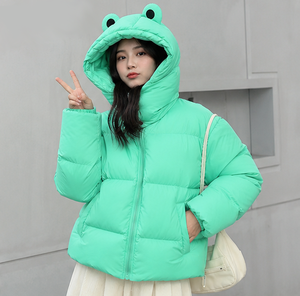 Blouson matelassé à capuche grenouille mignon, vert, broderie dessin animé, chaud et épais pour l'hiver, manteau décontracté unisexe, coupe régulière, fermeture éclair - Product Image 3