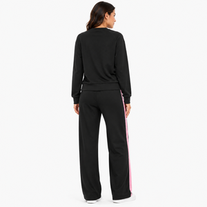 Women Black Tracksuit <b>Set</b> Pink Side Stripe Sweatshirt Wide Leg Pants Casual Athleisure Sportswear 100% Cotton Custom Logo - Product Image 2
