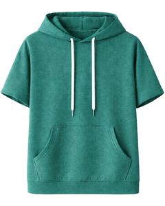 Sudadera con Capucha Verde Azulado de Manga Corta para Hombre, Casual, Ligera, de Verano, Estilo Urbano, Mezcla de Algodón, con Bolsillo Canguro - Product Image 1