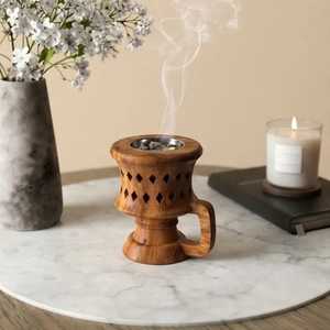 Brown Wooden Bakhoor Burner Elegant Bakhoor Burner Wood Aromatherapy <b>Diffuser</b> Incense Burner Catalytic Fragrance Incense Burner - Product Image 3