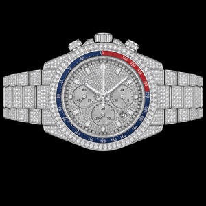 Reloj de Hombre Plateado con Incrustaciones Brillantes, Bisel Azul y Rojo, Tres Subesferas, Visualización de Fecha, Reloj de Lujo, Estilo Brillante - Product Image 2