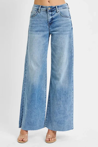 Jean en denim évasé taille haute pour femme, déchiré et vieilli, bleu clair, coupe droite ample, longueur cheville, pantalon pour femme - Product Image 5