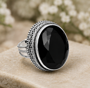 Bague en onyx noir naturel, argent sterling 925, faite à la main, pierre précieuse ovale, bijou vintage pour femme - Product Image 1