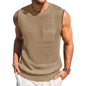 2025 hommes Crochet débardeurs été plage Hippie chemises sans manches avec poche à capuche tricoté T-Shirts trou décoration - Product Image 2