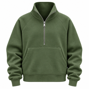 Sudadera Unisex Verde Oliva con Capucha y Media Cremallera, Manga Raglán, Estilo Casual, Teñido Digital, 100% Algodón, Oversize - Product Image 1