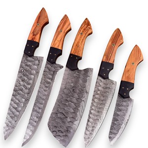 Ensemble de 5 couteaux de chef pour barbecue en acier Damas, faits à la main, à lame pleine, forgés à la main, manches en bois de bourrache d'olivier, style japonais, avec étui en cuir - Product Image 1