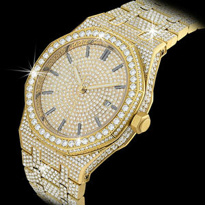 Reloj de Cuarzo con Incrustaciones de Circonitas en Tono Oro Rosa, Correa de Acero Inoxidable, Esfera Redonda con Fecha, Reloj de Pulsera de Lujo Estilo Hip Hop - Product Image 3