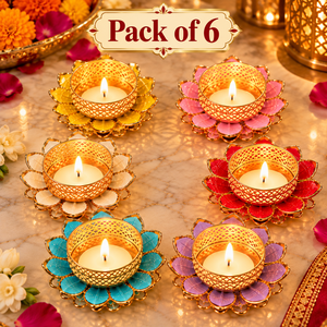 Decorative Lotus Tealight Holder Pack of 6 Mix <b>Colours</b> for Diwali Decoration Home Decor Festive Table Candle Holder <b>Set</b> - Product Image 2