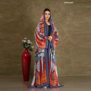Chiffon Abstract Printed Open Front Abaya Style <b>Shrug</b> with Hood Border Panel Modest Wear Full Length Contemporary Flow Design - Product Image 1