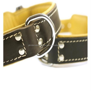 Magnifique collier de chien en cuir pleine fleur avec coutures de bord contrastantes et rembourrage jaune, collier de luxe pour chien - Product Image 6