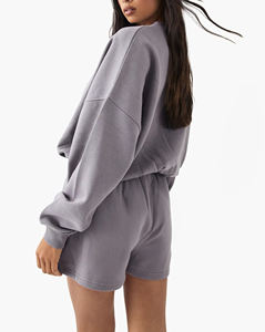 100% Cotton Custom Logo Plus Size Sweatshirt <b>Set</b> Oversized Drop Shoulder Lace Decoration Embroidered Technique Short <b>Set</b> - Product Image 3