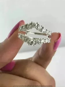 Double Row Round Cut Moissanite <b>Ring</b> 925 Sterling <b>Silver</b> <b>Adjustable</b> Open Band Wedding Engagement <b>Ring</b> for Women - Product Image 3