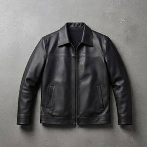 Chaqueta de Motociclista de Cuero Negra para Hombre, Cierre de Cremallera, Corte Regular, Cuello Camisero, Diseño Sólido Resistente al Viento, para Otoño - Product Image 1