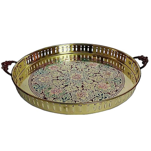 Plateau de service rond en métal argenté gravé de luxe avec poignées, style vintage, pour table basse, plateau à boissons floral antique fait main - Product Image 6