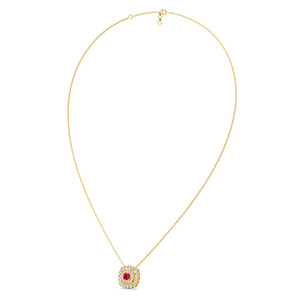 Red Center Floral Halo Diamond <b>Necklace</b> with Layered Round Sparkle Frame and Elegant <b>Statement</b> Design - Product Image 4