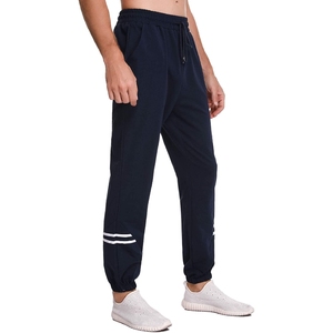 Men Navy Blue Sweatpants Elastic Waist Drawstring <b>Cuffed</b> Ankle Side Stripe Casual <b>Joggers</b> Breathable Knitted Cotton Pants - Product Image 1