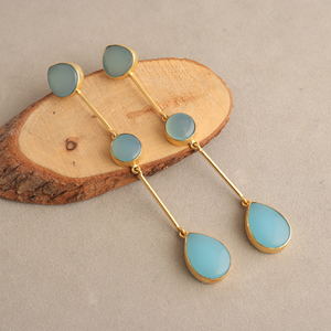 Natural blue chalcedony dangle drop <b>earring</b> brass metal 18k gold plating long hanging dangle <b>earring</b> for women - Product Image 5