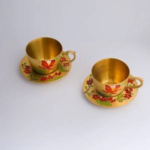 Ensemble classique de 2 tasses et soucoupes en laiton pour les fêtes, durable, écologique, avec poignée dorée - Product Image 1