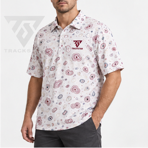 Polo pour homme Trackstar, blanc, bordeaux, bleu, imprimé abstrait en spirale, manches courtes, col boutonné, chemise de golf, logo personnalisé - Product Image 3