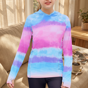 เสื้อเชิ้ตป้องกันแสงแดดมีฮู้ดแขนยาวสำหรับเด็กผู้หญิง UPF50+ สีไล่ระดับ โพลีเอสเตอร์ 100% เสื้อคลุมป้องกันรังสียูวี - Product Image 4