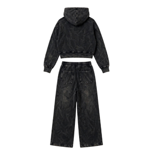 Ensemble de survêtement deux pièces noir délavé pour femme, hiver, avec sweat à capuche court zippé et pantalon large à cordon de serrage, écoresponsable, décontracté - Product Image 2